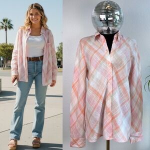 Y2K GAP Plaid Linen Button Down Shirt ,Women's Size‎ Medium, 2001 Pink Orange